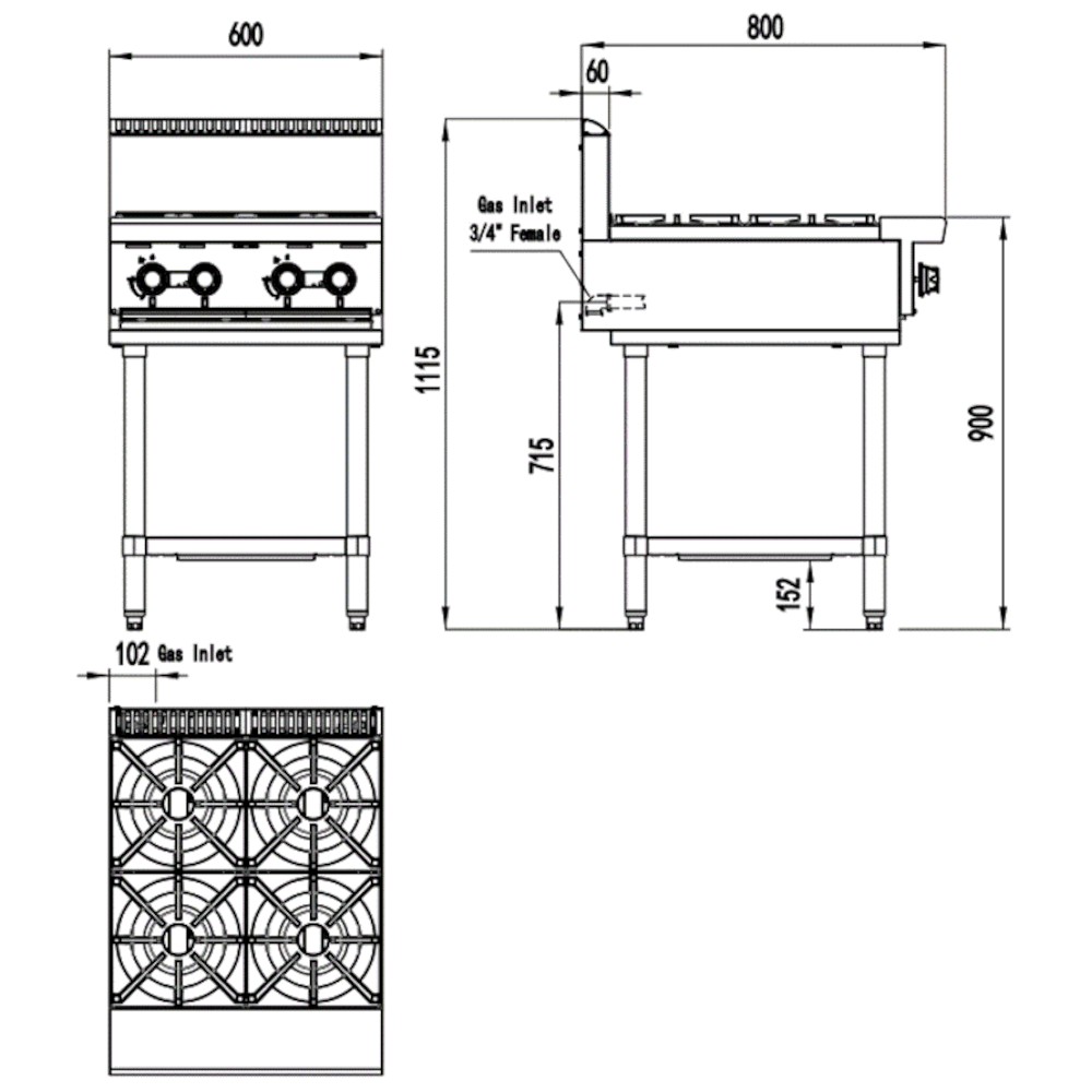 CookRite Four Burner Cooktop Hob w/ Base - 600mm width - LPG