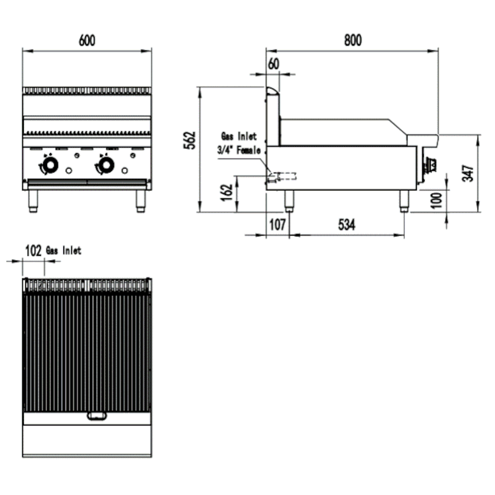 CookRite Two Burner Chargrill - 600MM width - Natural Gas