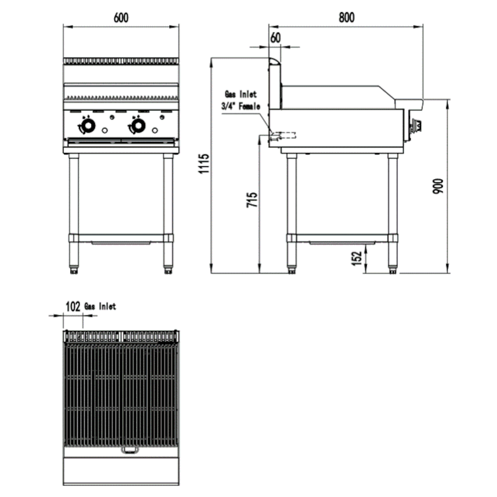 CookRite Two Burner Chargrill w/Base- 600MM width - Natural Gas