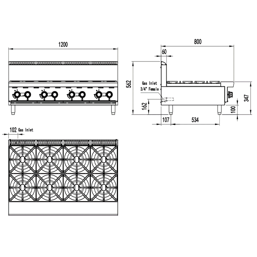 CookRite Eight Burner Gas Cooktop - 1200mm(w)  Counter - LPG